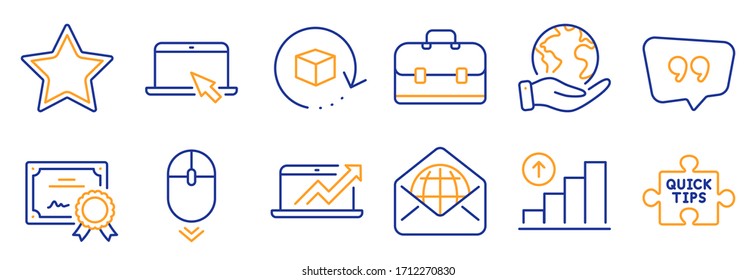 Set of Technology icons, such as Web mail, Portfolio. Certificate, save planet. Quick tips, Graph chart, Scroll down. Portable computer, Star, Quote bubble. Vector