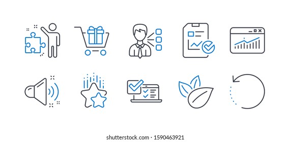 Set of Technology icons, such as Website statistics, Third party, Ranking stars, Online survey, Loud sound, Organic product, Shopping cart, Strategy, Report checklist, Recovery data. Vector