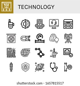 Set of technology icons. Such as Website, Walkie talkie, Artificial intelligence, Configuration, Support, Radio, Studio, Magnet, Water meter, Brain, Camera , technology icons