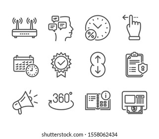Set of Technology icons, such as Wifi, Touchscreen gesture, Atm, Loan percent, Privacy policy, Instruction info, Scroll down, Messages, Certificate, Calendar, Megaphone, Full rotation. Vector