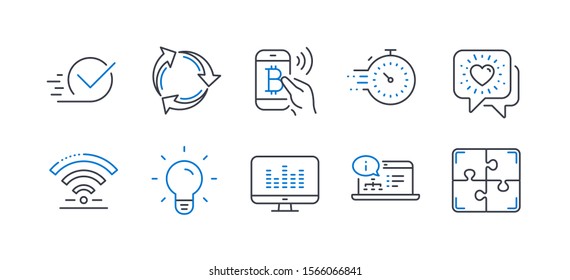 Set of Technology icons, such as Wifi, Online documentation, Recycle, Music making, Friends chat, Timer, Checkbox, Bitcoin pay, Light bulb, Puzzle line icons. Line wifi icon. Vector
