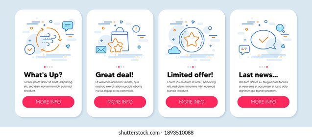 Set of Technology icons, such as Wind energy, Loyalty star, Loyalty points symbols. Mobile screen mockup banners. Approved message line icons. Breeze power, Bonus reward, Bonus bags. Vector