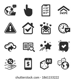 Set of Technology icons, such as World communication, Loan percent, Love mail symbols. Confirmed, Search text, Smartphone payment signs. Interview, Select alarm, Cloud share. Swipe up. Vector