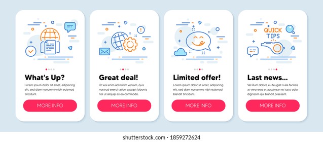Set of Technology icons, such as Yummy smile, Internet documents, Seo gear symbols. Mobile screen banners. Tutorials line icons. Emoticon, Web page, Web settings. Quick tips. Yummy smile icons. Vector