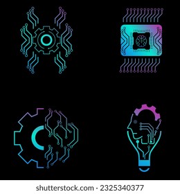 Set of Technology icons vector for Brain AI concepts, and AI vector design for website, UX and UI styles, Four icons of AI generation illustration symbol, on dark backgroun