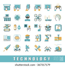 Set of technology icons. Vector illustration.  Flat line  icons. 