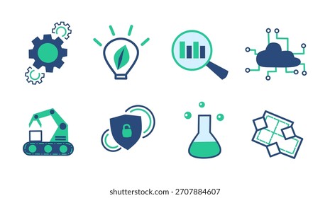 Un conjunto de iconos de la tecnología y la industria en colores azul y verde, con símbolos para la fabricación, energía verde, análisis de datos, computación en la nube, robótica, seguridad, química y mapeo,