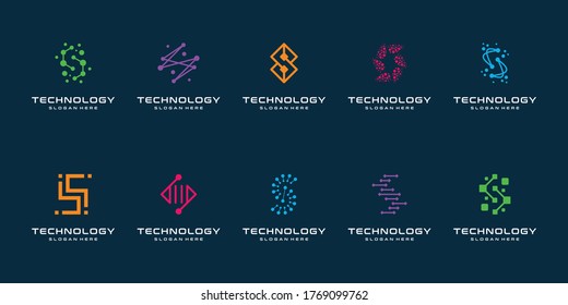 Set of technology letter S dot logo design and business card. initial S for symbol tech, internet, system, Artificial Intelligence and computer. inspiration logo design modern.