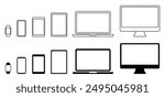 Set technology line devices icon: computer, laptop, tablet, smartphone, watch icons. Outline mockup electronics devices monitor lines simple isolated