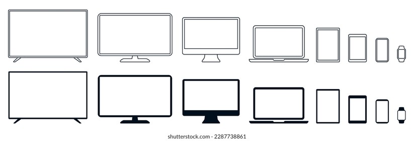 Set technology line devices icon: TV monitor, computer, laptop, tablet, smartphone, watch icons. Outline mockup electronics devices monitor lines simple isolated - for stock