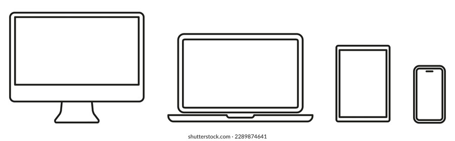 Symbol für Geräte der Technologielinie festlegen: Computer, Laptop, Tablet, Smartphone-Symbole. Konfektionierte elektronische Geräte überwachen Linien, die einfach isoliert sind - Stock-Vektorgrafik