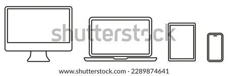 Set technology line devices icon: computer, laptop, tablet, smartphone icons. Outline mockup electronics devices monitor lines simple isolated - stock vector