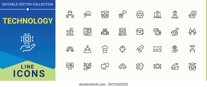 Set of Technology line icon. Included science, cyber, future, automation, artificial, device, digital and more. Future Technology icon set. Modern thin line style icons. Editable vector illustration.