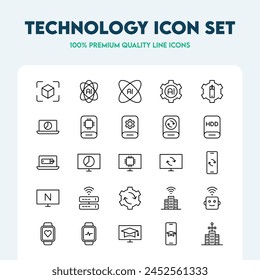 Set of technology line icons. Collection of different vector icons such as gear, hard drive, and laptop. Premium quality icon collection.