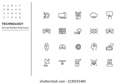 set of technology line icons, vr, ar, ai, iot