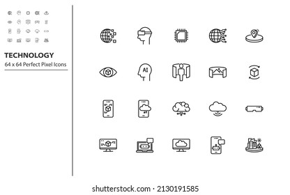 set of technology line icons, vr, ar, ai, iot