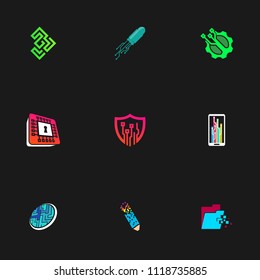 Set of technology logo design emblem template. Modern system information vector illustration on black background