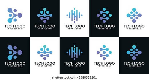 Set of technology logos with dot concept, colorful biotechnology molecule DNA symbol