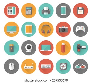 Set of technology and multimedia devices icons with long shadow effect. Vector illustration eps10