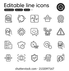 Set of Technology outline icons. Contains icons as Card, Augmented reality and Translation service elements. Delivery app, Warning, Puzzle web signs. Like button, Like app, Recycle elements. Vector