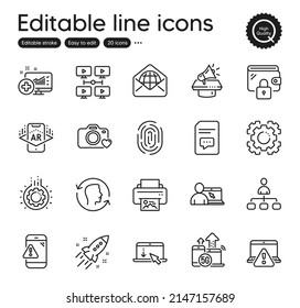 Set of Technology outline icons. Contains icons as Fingerprint, Face id and Online warning elements. Print image, Augmented reality, Online education web signs. 5g internet, Web mail. Vector
