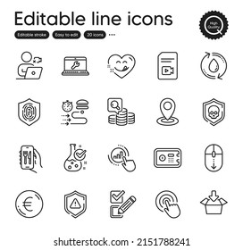 Set of Technology outline icons. Contains icons as Laptop repair, Euro money and Video file elements. Scroll down, Graph chart, Location web signs. Safe box, Video conference. Vector