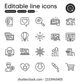 Set of Technology outline icons. Contains icons as Bitcoin atm, Ranking stars and International globe elements. Sms, Air balloon, Technical documentation web signs. Person idea. Vector
