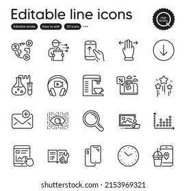 Set of Technology outline icons. Contains icons as Research, Smartphone and Stars elements. New mail, Video conference, Engineering documentation web signs. Time, Multitasking gesture. Vector