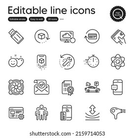 Set of Technology outline icons. Contains icons as Computer fan, Atom core and Usb flash elements. Wallet, Refund commission, Augmented reality web signs. Hair dryer, Reject certificate. Vector