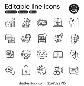 Set of Technology outline icons. Contains icons as Start business, Confirmed and Metro map elements. Recovery ssd, Security statistics, Artificial intelligence web signs. Lock, Calendar. Vector
