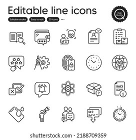 Set of Technology outline icons. Contains icons as Cyber attack, Notification bubble and Search text elements. Ranking star, Checkbox, Cogwheel dividers web signs. Time management, Card. Vector