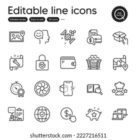 Set of Technology outline icons. Contains icons as Chemistry dna, Best result and Good mood elements. Search book, Inventory report, Augmented reality web signs. Wallet, Spanner. Vector