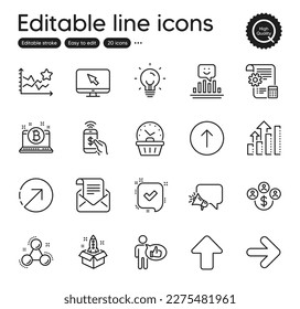 Set of Technology outline icons. Contains icons as Startup, Confirmed and Internet elements. Megaphone, Ranking stars, Next web signs. Smile, Energy, Bitcoin elements. Upload. Vector