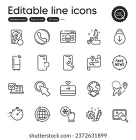 Set of Technology outline icons. Contains icons as Online survey, Cyber attack and Fake news elements. Engineering, Scroll down, Search photo web signs. Global business, Click here. Vector