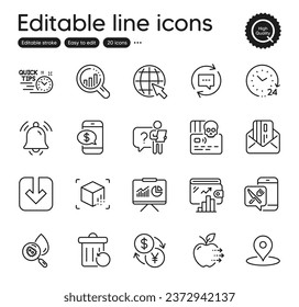 Set of Technology outline icons. Contains icons as Load document, Cyber attack and Presentation elements. Wallet, Seo analysis, Update comments web signs. Quick tips, Search employee. Vector