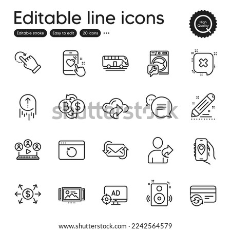 Set of Technology outline icons. Contains icons as Washing machine, Speakers and Bus tour elements. Dollar exchange, Refer friend, Bitcoin exchange web signs. Rotation gesture. Vector