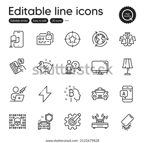 Set of Technology outline icons. Contains icons as\
Search employee, Card and Bitcoin think elements. Energy, Loan\
percent, Table lamp web signs. Car secure, Location app, Credit\
card elements. Vector