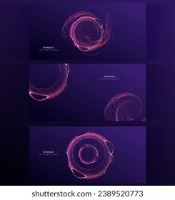 Set of technology particles banner. Dots science big data neon flyer background. Artificial Intelligence futuristic splash circles connect catalog design.