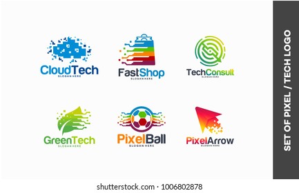 set of technology pixel logo designs template, Cloud Tech logo, Fast Shop, Tech discuss, Green Technology, Pixel Ball, Pixel Arrow logo vector