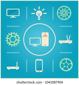 Set Of Technology Related Icons - PC, Monitor, Cog Wheels, Router, Switch, Mobile Phone