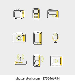 A set of technology related icons is shown.Icons are made in three different styles,namely outlines,in monochrom lines and in the author's minimalist style.Harmoniously selected bright colors. Flat.