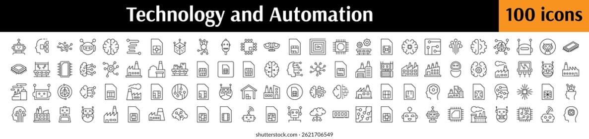 Set of Technology Related Line Icons. Chip, Robot, Factory, Artificial Intelligence Outline Signs for Graphic and Web Design, Apps, Adverts, Various Cards