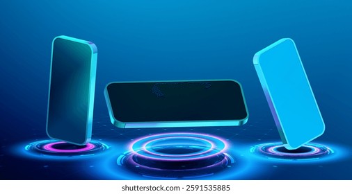 set of technology smartphones, phone with empty screen, futuristic podiums, wireframe vector blue background