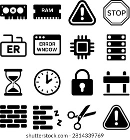Set of Technology and System Error Warning Icons Featuring RAM Memory and Processor Symbols