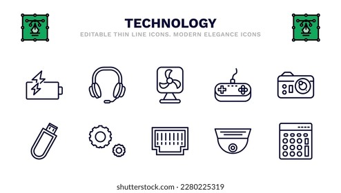 set of technology thin line icons. technology outline icons such as big headphones, ventilator, antique gamepad, photograph camera, inclined pendrive, inclined pendrive, services, telephone