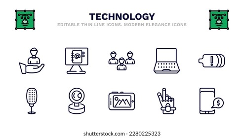 conjunto de iconos de línea delgada de tecnología. iconos de esquema de tecnología como agenda de correo electrónico, clientes, laptop abierta, batería con dos barras, micrófono antiguo, micrófono antiguo, webcam frontal, tableta con imagen, mano robótica,