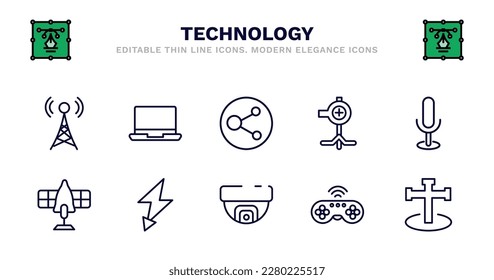 Satz von Technologie-Thin-Line-Symbolen. Symbole der technologischen Umrisse, wie z. B. Frontmonitor mit Laptop, Kreisdatenbank, PitchHin, Basismikrofon, Solaranlage, Solaranlage, grüner Blitz, Überwachung