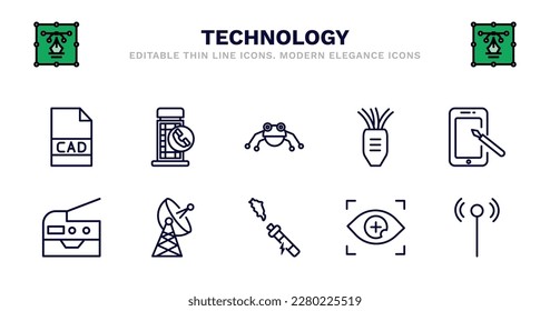 conjunto de iconos de línea delgada de tecnología. iconos de contorno de la tecnología como la caja de teléfono, el insecto robot, el oropel, la pluma digital, la fotocopiadora, la fotocopiadora, la estación de satélite, el cigarrillo electrónico, la lente de contacto,