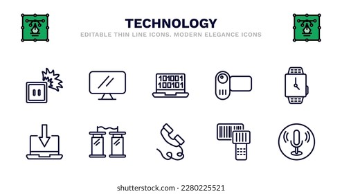 set of technology thin line icons. technology outline icons such as simple screen, digitate, video camera front view, smart watch, received, received, teletransportation, phone with wire, portable