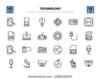 set of technology thin line icons. technology outline icons such as drawing tablet, big light bulb, retro squared camera, received, basic plug, video camera front view, big, phone with wire, basic